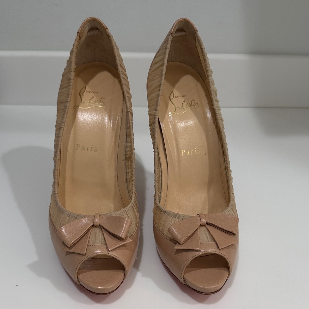 Christian Louboutin Nude Peep-Toe Heels with Bow
